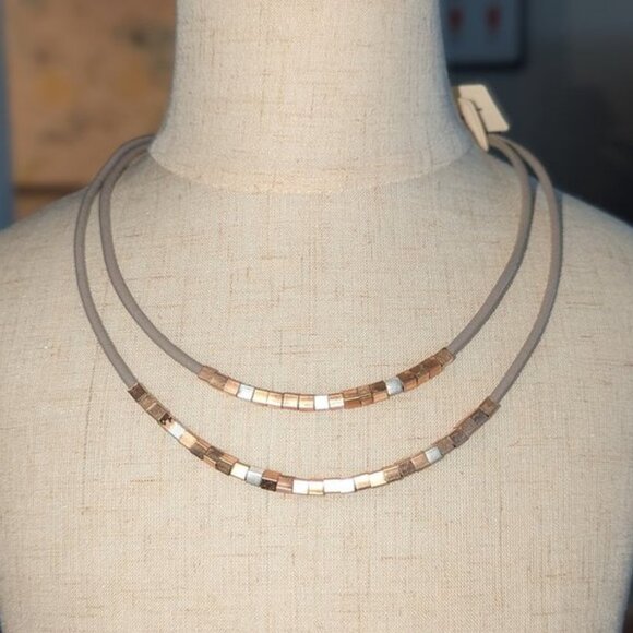 NEW SAACHI Genuine Leather Short Adjustable Square Beaded Double Strand Necklace - Picture 1 of 2